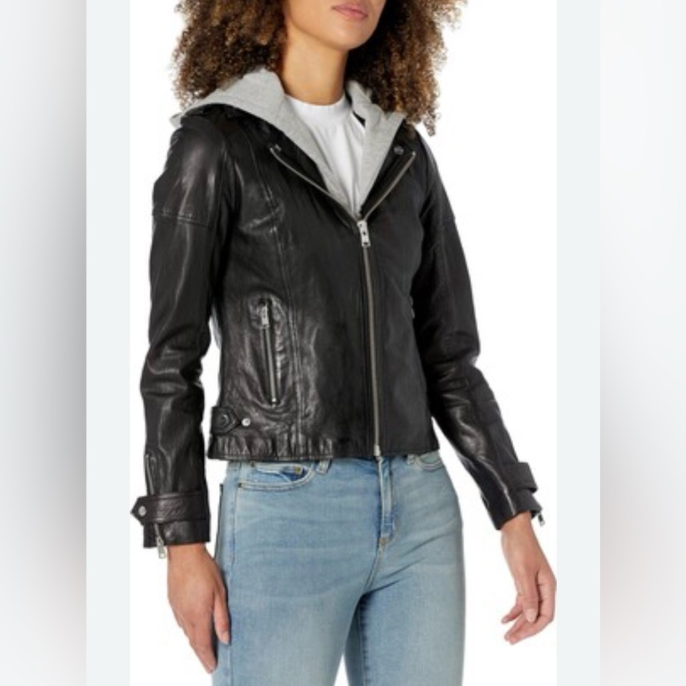 Lamarque Black Leather Jacket with Hood
